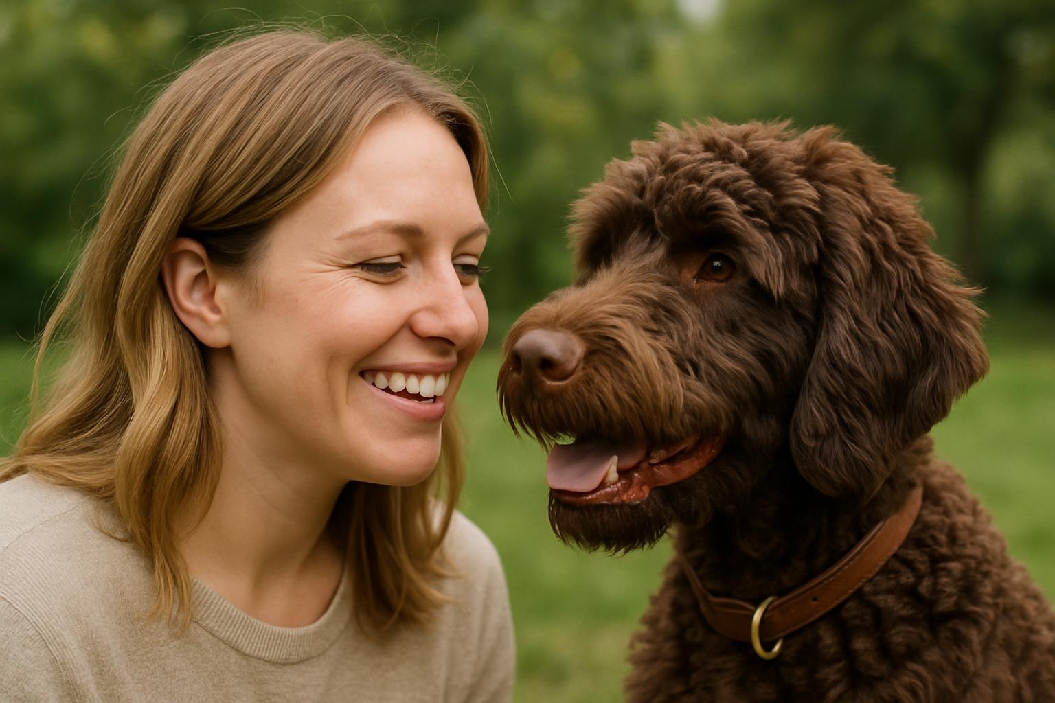 woman smiling at dog